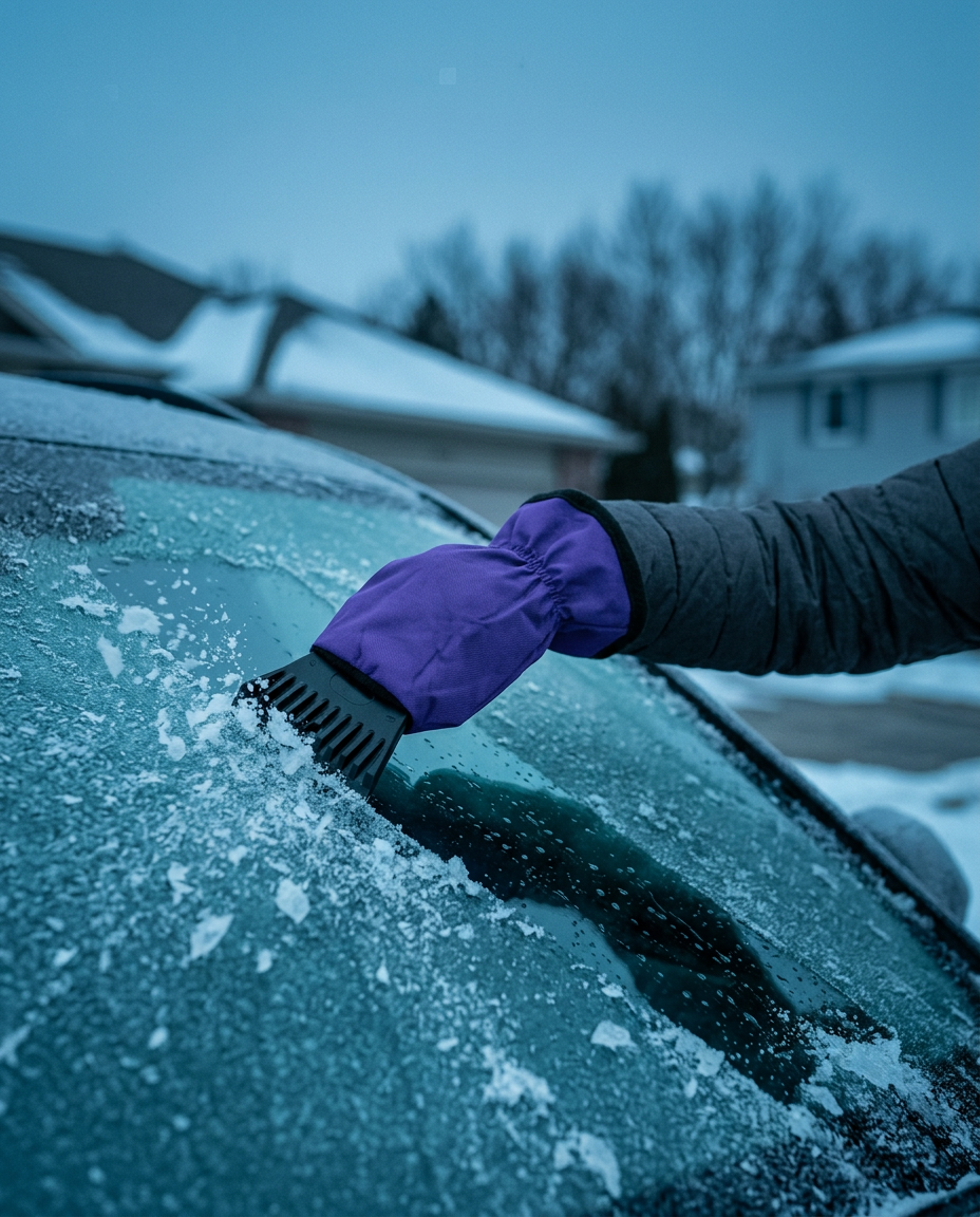 Ice scraper glove clearing frost from car glass