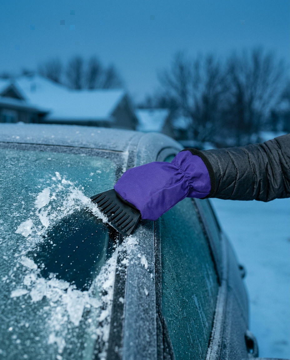 Clearing a frozen windshield with the Coldstart ice scraper glove