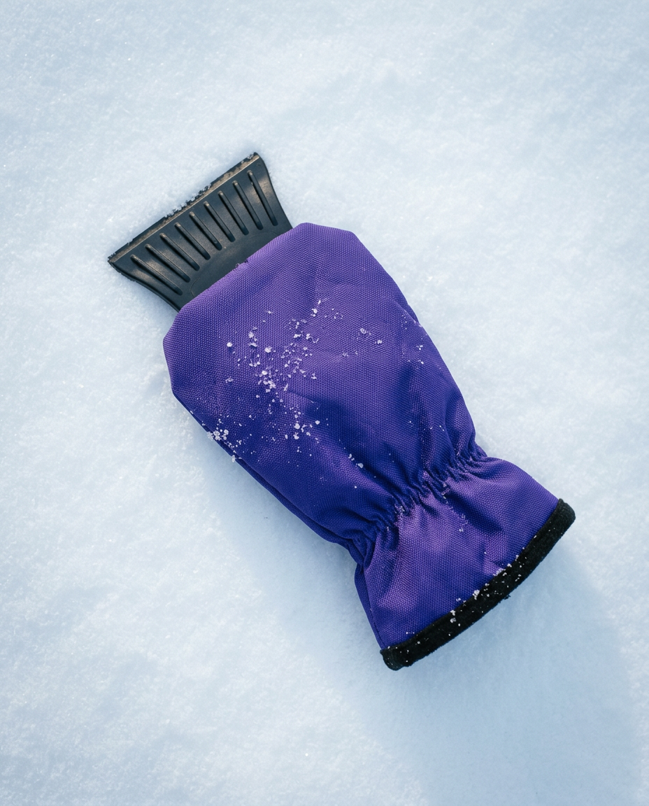 Coldstart ice scraper glove laid flat on fresh snow