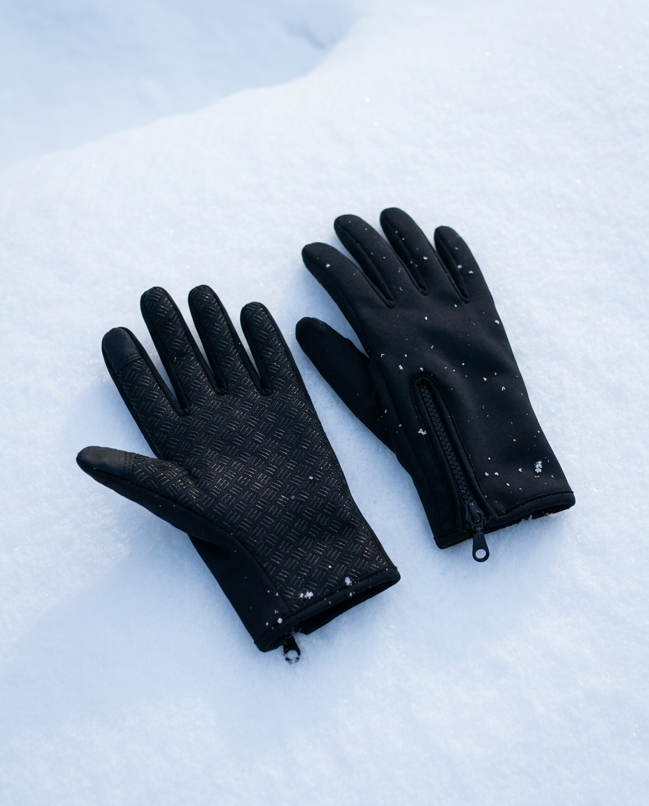 Black winter driving gloves laid on fresh snow