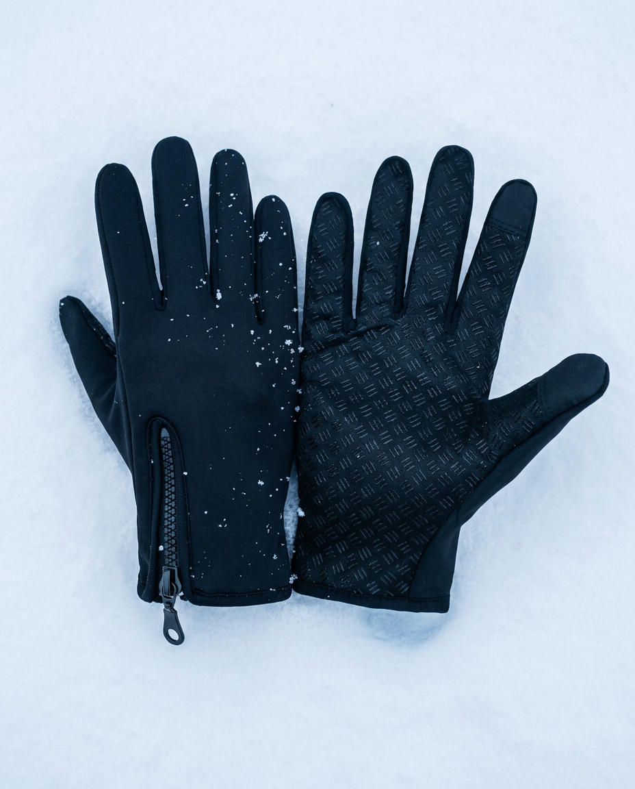 Coldstart driving gloves, overhead view on snow