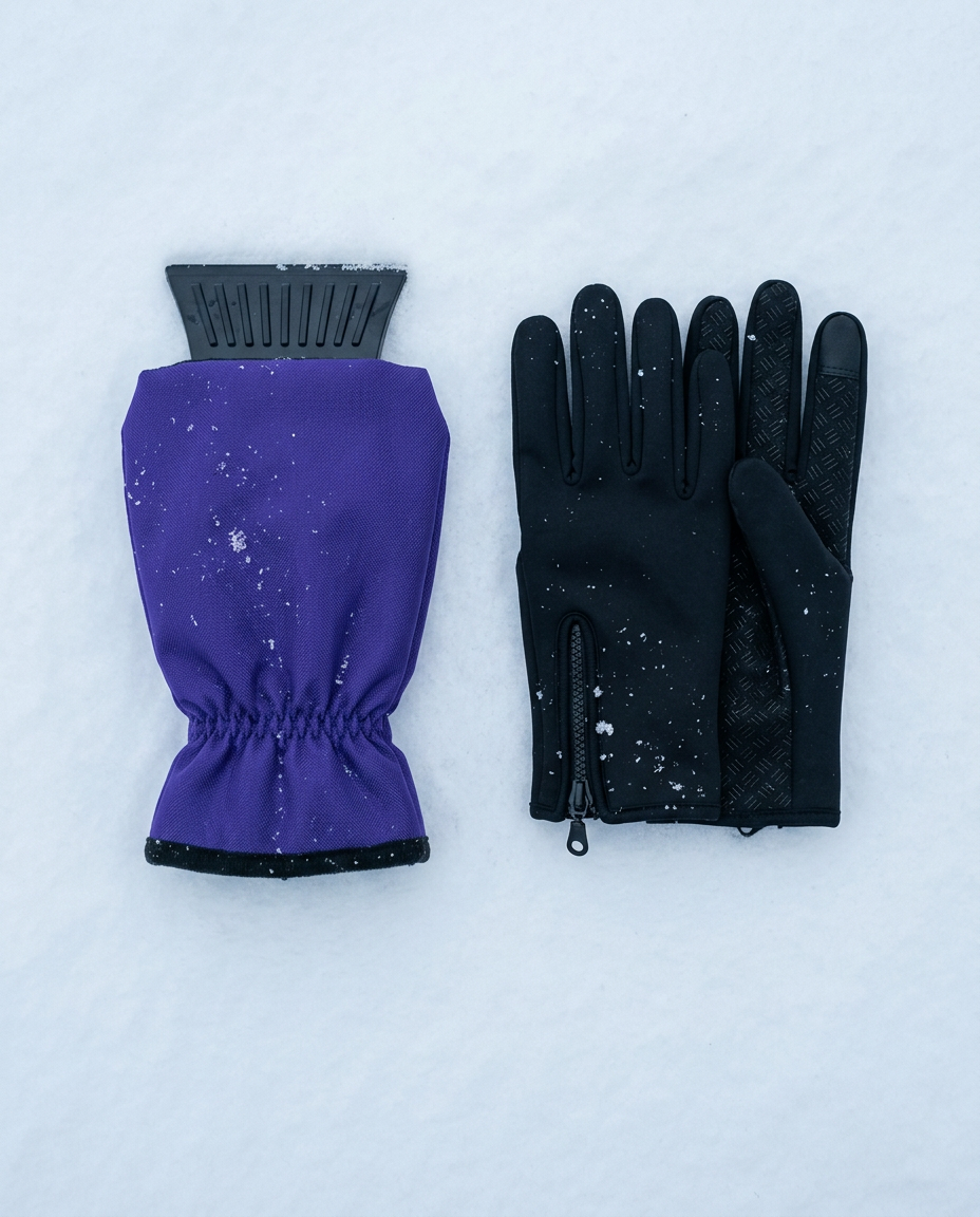 The Cold Start Kit — ice scraper glove and touchscreen driving gloves on snow