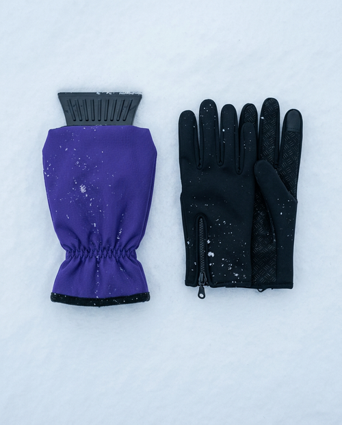 The Cold Start Kit — ice scraper glove and touchscreen driving gloves on snow